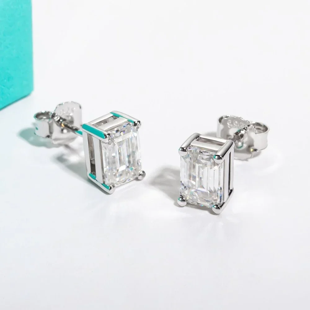 Certified 4ct. t.w. Moissanite Diamond Emerald Cut Stud Earrings NEW